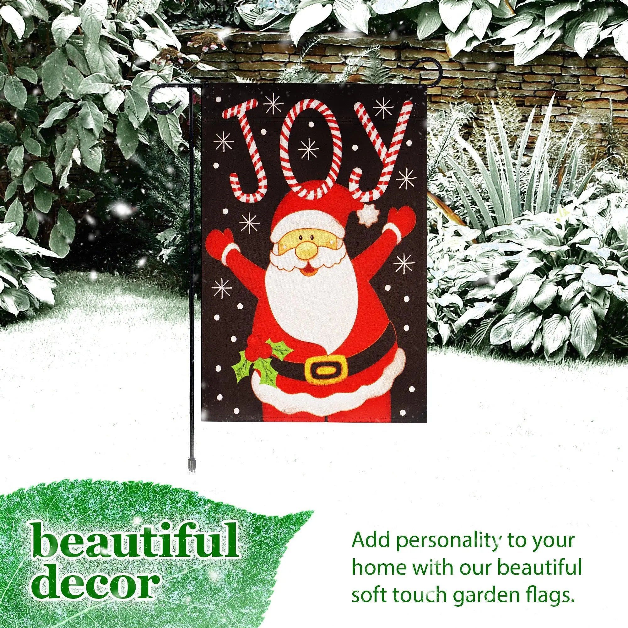 G128 Combo Pack: Garden Flag Stand Black 36 in x 16 in & Garden Flag Christmas Decoration Joyful Santa 12"x18" Double-Sided Blockout Fabric G128
