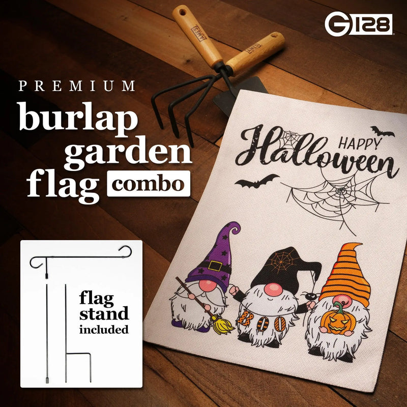 G128 Combo Pack: Garden Flag Stand Black 36 in x 16 in & Garden Flag Happy Halloween Decoration Three Gnomes Spider Web 12"x18" Double-Sided Burlap Fabric G128