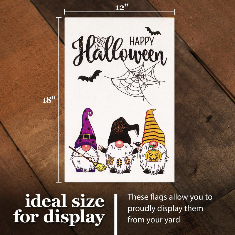 G128 Combo Pack: Garden Flag Stand Black 36 in x 16 in & Garden Flag Happy Halloween Decoration Three Gnomes Spider Web 12"x18" Double-Sided Burlap Fabric G128