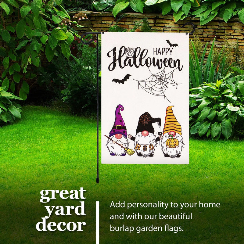 G128 Combo Pack: Garden Flag Stand Black 36 in x 16 in & Garden Flag Happy Halloween Decoration Three Gnomes Spider Web 12"x18" Double-Sided Burlap Fabric G128