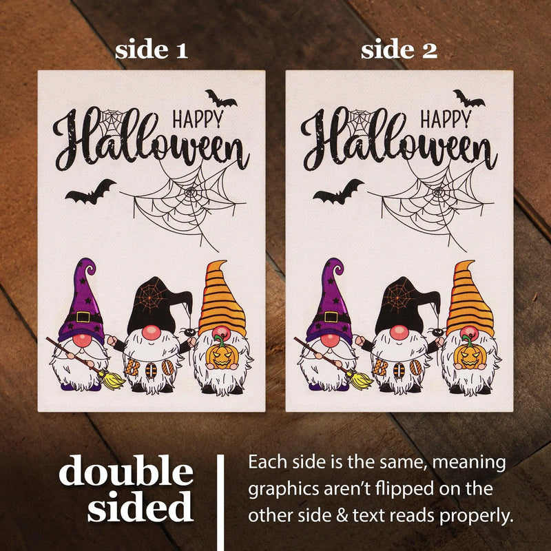 G128 Combo Pack: Garden Flag Stand Black 36 in x 16 in & Garden Flag Happy Halloween Decoration Three Gnomes Spider Web 12"x18" Double-Sided Burlap Fabric G128