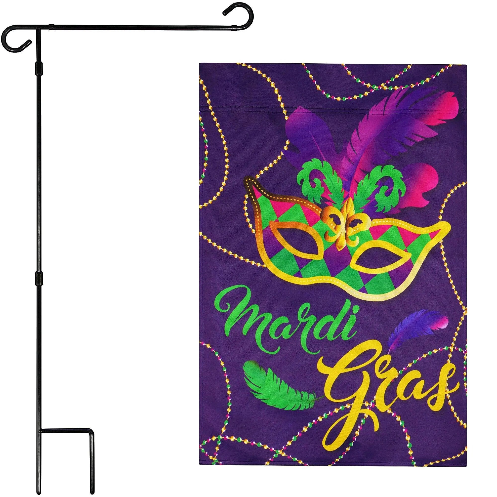G128 Combo Pack: Garden Flag Stand Black 36 in x 16 in & Garden Flag Mardi Gras Decoration Masquerade Mask 12"x18" Double-Sided Blockout Fabric G128