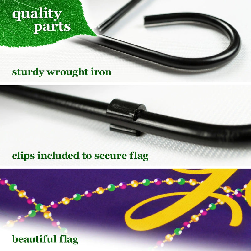 G128 Combo Pack: Garden Flag Stand Black 36 in x 16 in & Garden Flag Mardi Gras Decoration Masquerade Mask 12"x18" Double-Sided Blockout Fabric G128