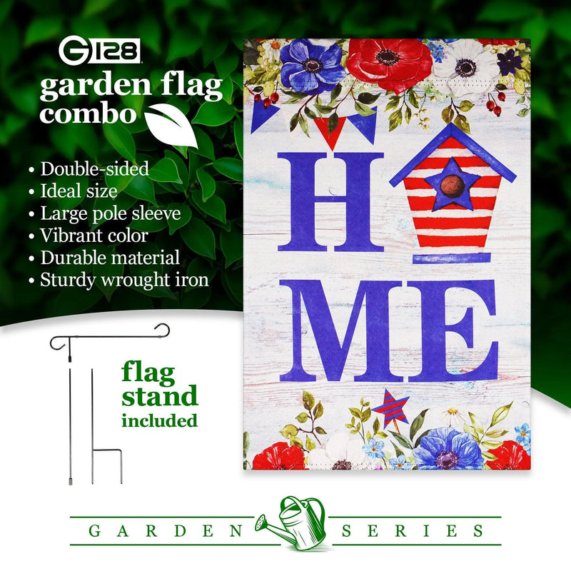G128 Combo Pack: Garden Flag Stand Black 36 in x 16 in & Garden Flag Patriotic Decoration Home Birdhouse 12"x18" Double-Sided Blockout Fabric G128