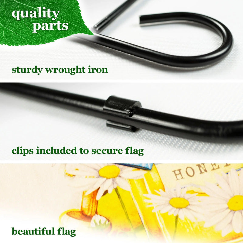 G128 Combo Pack: Garden Flag Stand Black 36 in x 16 in & Garden Flag Spring Decoration Welcome Bee Gnome with Honey 12"x18" Double-Sided Blockout Fabric G128