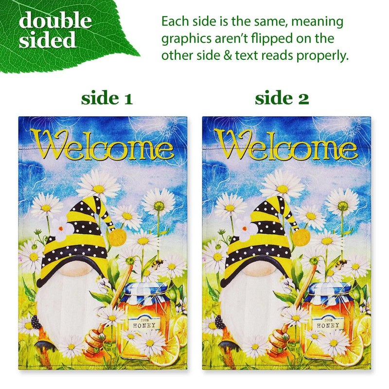 G128 Combo Pack: Garden Flag Stand Black 36 in x 16 in & Garden Flag Spring Decoration Welcome Bee Gnome with Honey 12"x18" Double-Sided Blockout Fabric G128