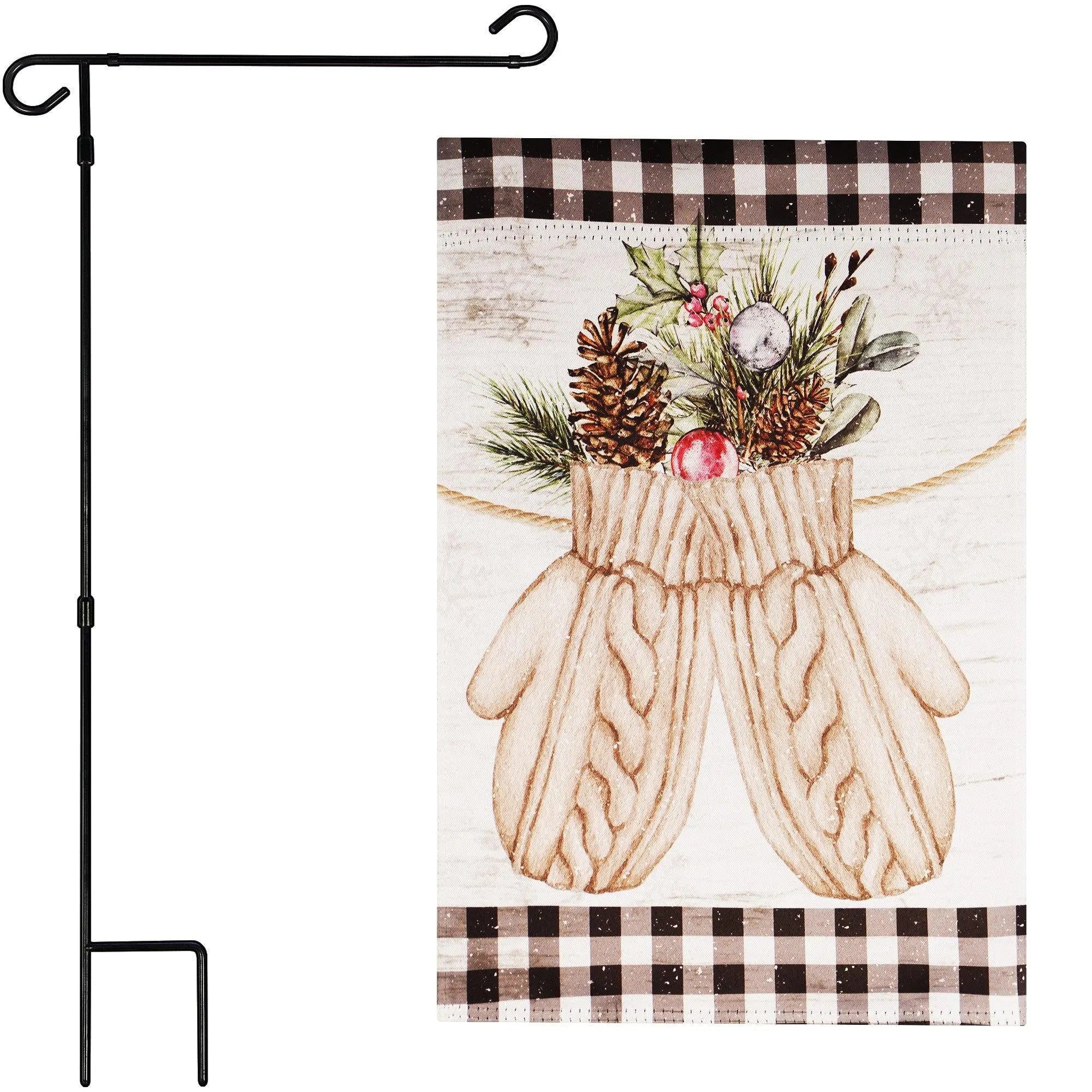 G128 Combo Pack: Garden Flag Stand Black 36 in x 16 in & Garden Flag Winter Decoration Mittens with Evergreen Arrangement 12"x18" Double-Sided Blockout Fabric G128