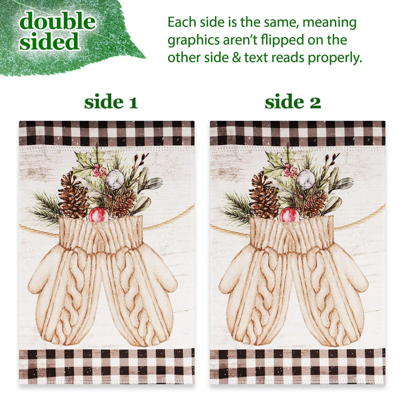 G128 Combo Pack: Garden Flag Stand Black 36 in x 16 in & Garden Flag Winter Decoration Mittens with Evergreen Arrangement 12"x18" Double-Sided Blockout Fabric G128