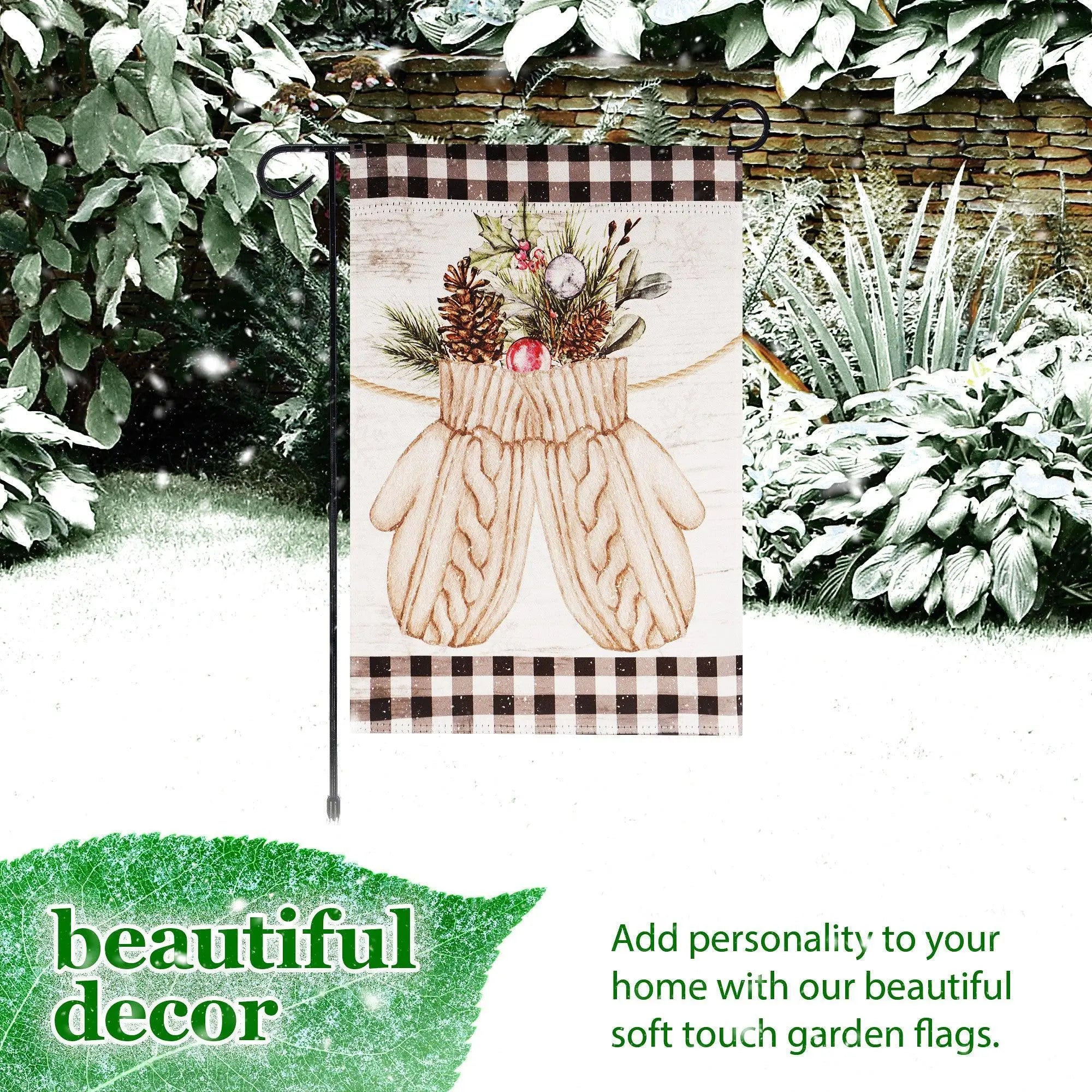 G128 Combo Pack: Garden Flag Stand Black 36 in x 16 in & Garden Flag Winter Decoration Mittens with Evergreen Arrangement 12"x18" Double-Sided Blockout Fabric G128