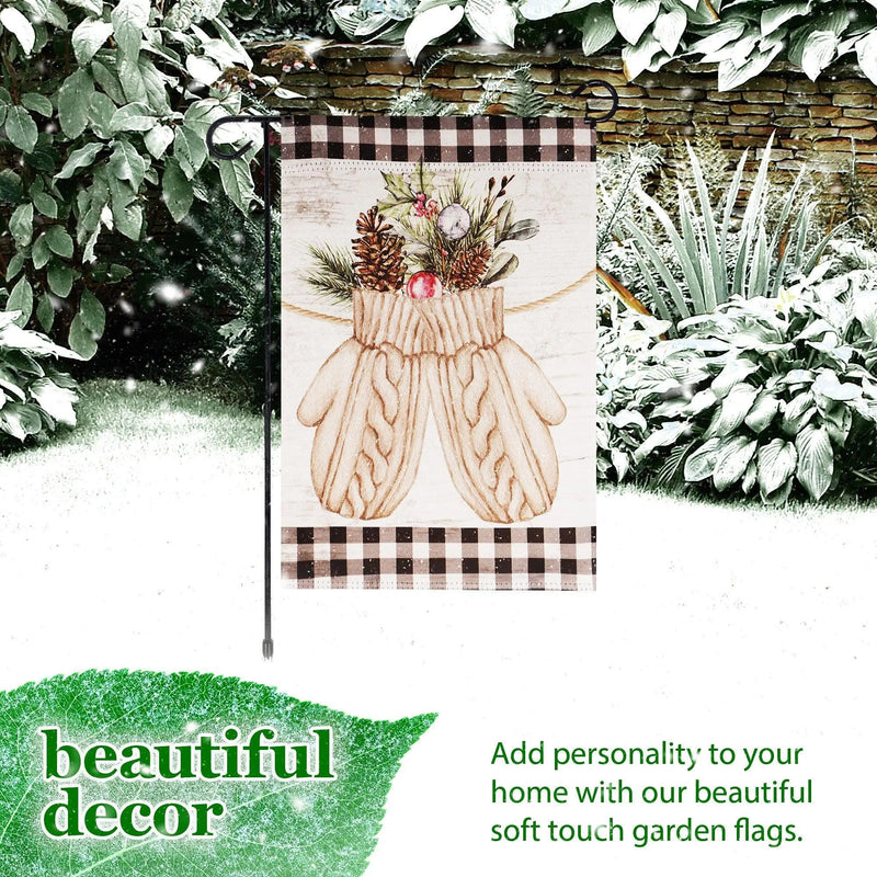 G128 Combo Pack: Garden Flag Stand Black 36 in x 16 in & Garden Flag Winter Decoration Mittens with Evergreen Arrangement 12"x18" Double-Sided Blockout Fabric G128