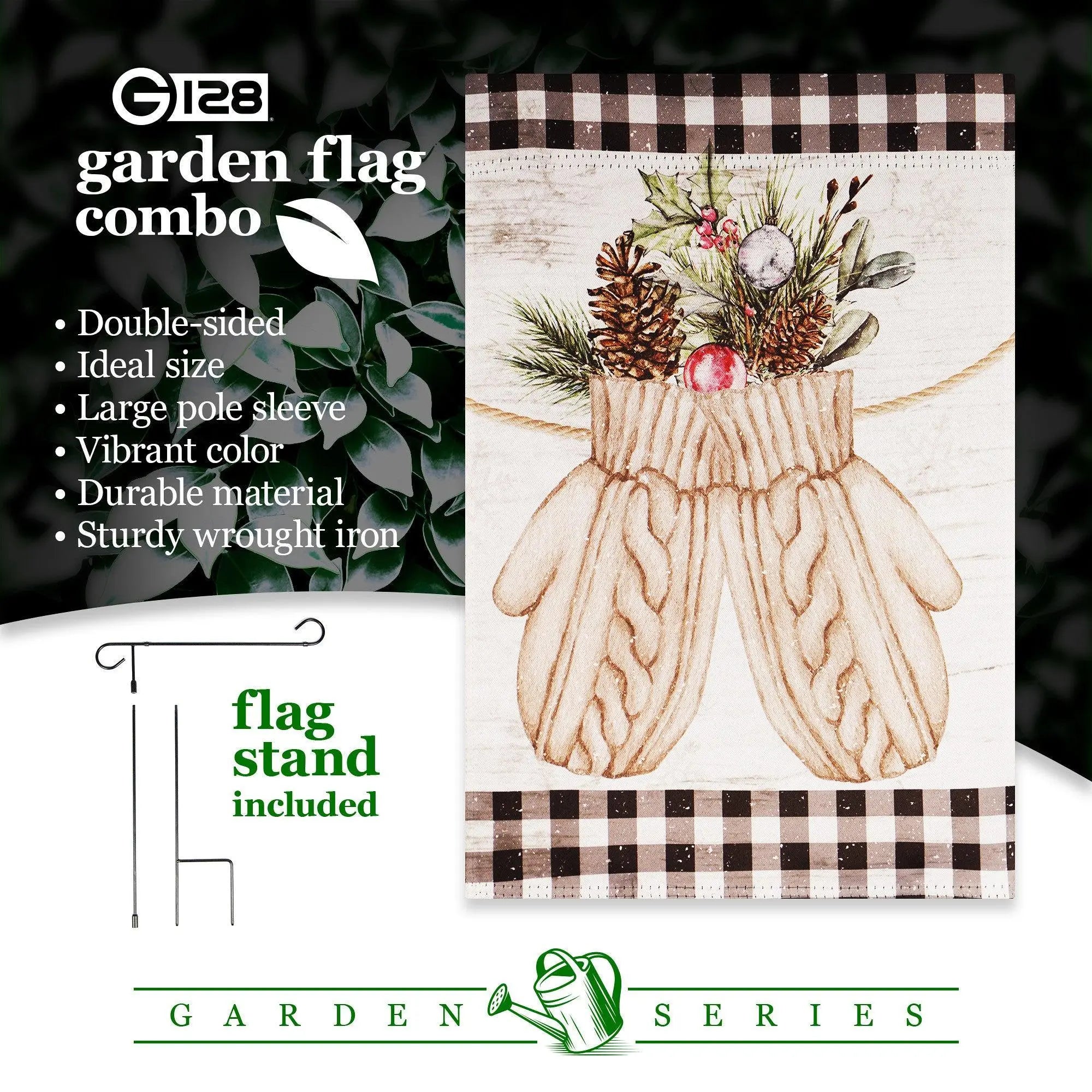 G128 Combo Pack: Garden Flag Stand Black 36 in x 16 in & Garden Flag Winter Decoration Mittens with Evergreen Arrangement 12"x18" Double-Sided Blockout Fabric G128
