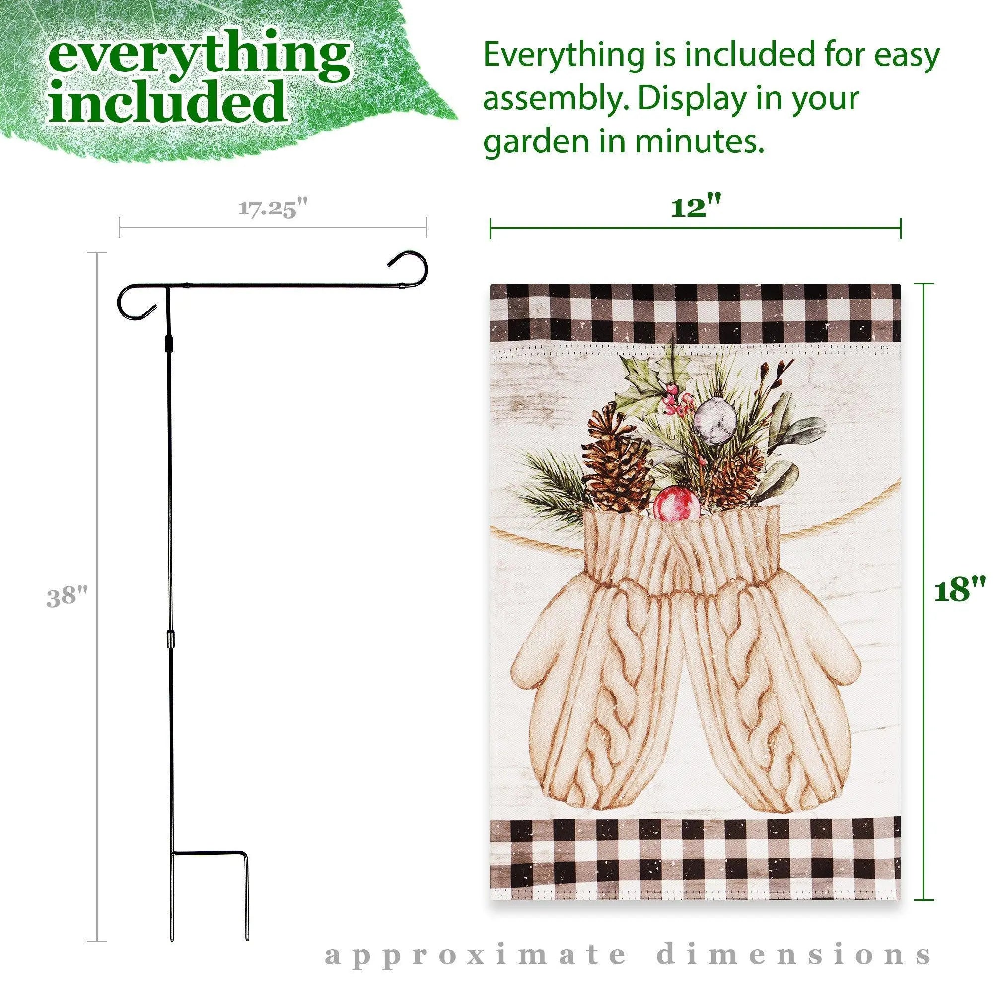 G128 Combo Pack: Garden Flag Stand Black 36 in x 16 in & Garden Flag Winter Decoration Mittens with Evergreen Arrangement 12"x18" Double-Sided Blockout Fabric G128