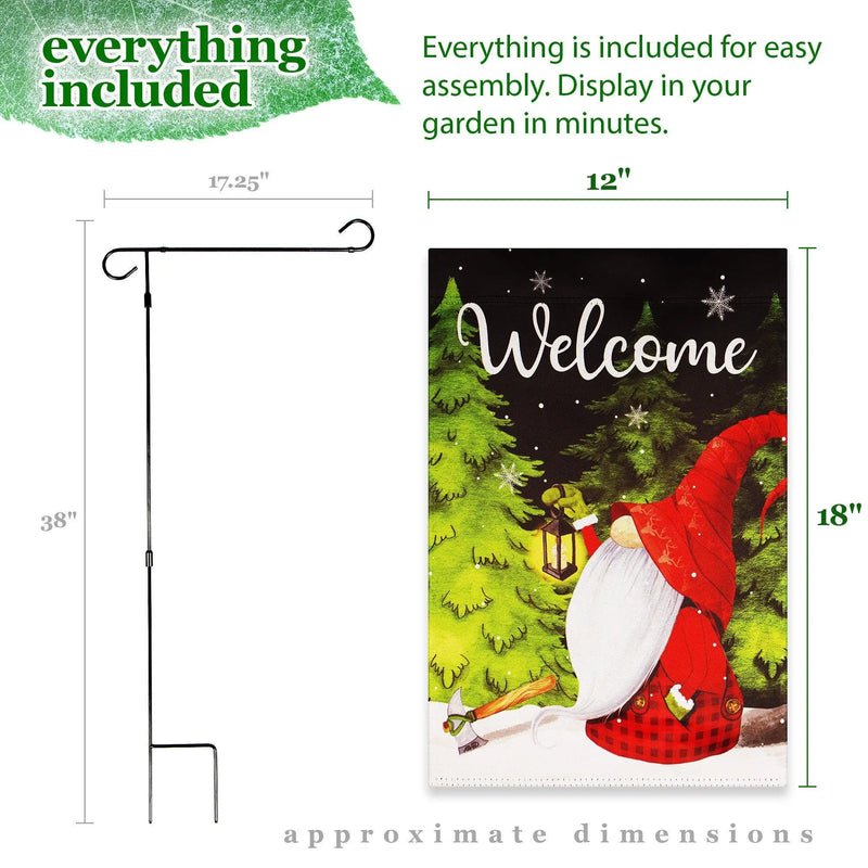 G128 Combo Pack: Garden Flag Stand Black 36 in x 16 in & Garden Flag Winter Decoration Welcome Festive Gnome with Lantern 12"x18" Double-Sided Blockout Fabric G128
