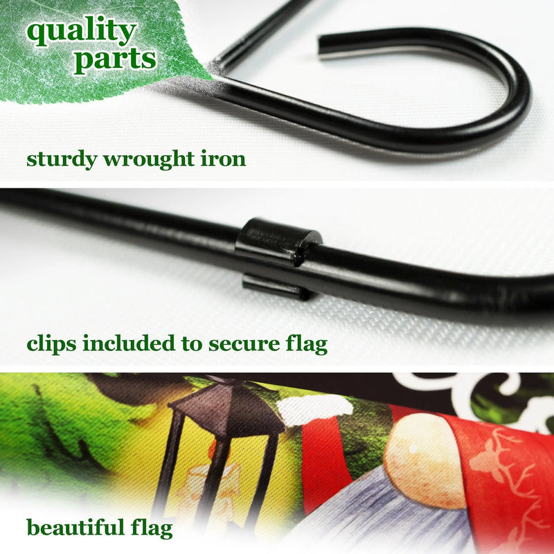 G128 Combo Pack: Garden Flag Stand Black 36 in x 16 in & Garden Flag Winter Decoration Welcome Festive Gnome with Lantern 12"x18" Double-Sided Blockout Fabric G128