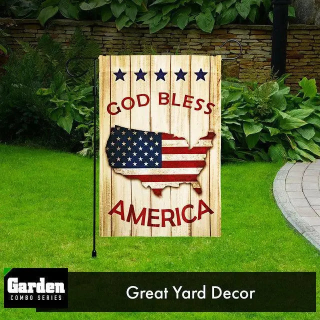 G128 Combo Pack: Garden Flag Stand Black 36x16 Inch & Garden Flag God Bless America USA Flag Map 12x18 Inch G128