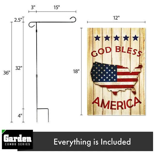 G128 Combo Pack: Garden Flag Stand Black 36x16 Inch & Garden Flag God Bless America USA Flag Map 12x18 Inch G128