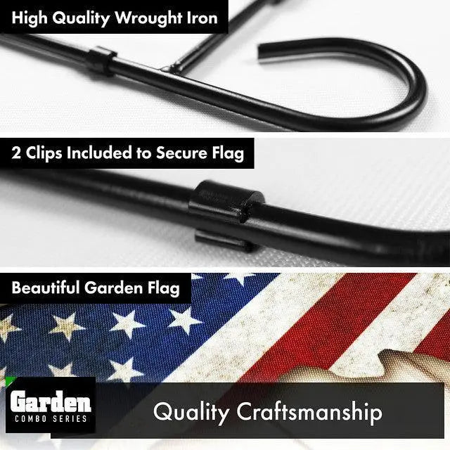 G128 Combo Pack: Garden Flag Stand Black 36x16 Inch & Garden Flag God Bless America USA Flag Map 12x18 Inch G128