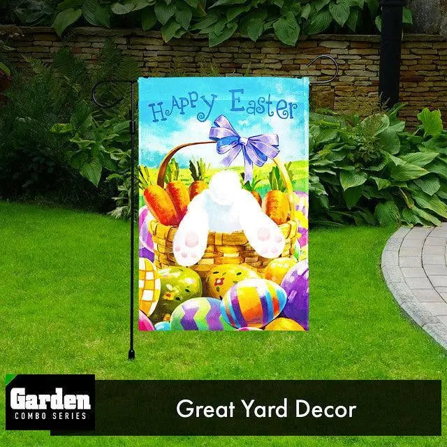 G128 Combo Pack: Garden Flag Stand Black 36x16 Inch & Garden Flag Happy Easter Carrots Colorful Eggs with Bunny in Basket 12x18 Inch G128