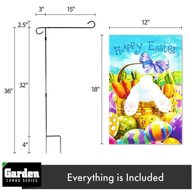 G128 Combo Pack: Garden Flag Stand Black 36x16 Inch & Garden Flag Happy Easter Carrots Colorful Eggs with Bunny in Basket 12x18 Inch G128