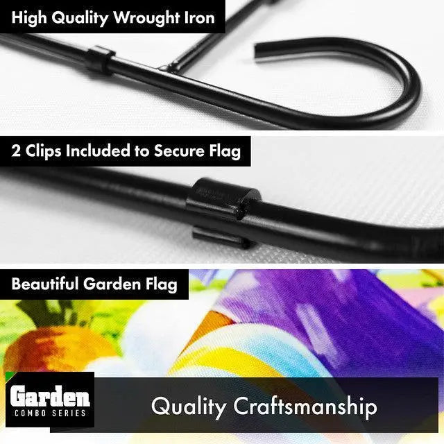 G128 Combo Pack: Garden Flag Stand Black 36x16 Inch & Garden Flag Happy Easter Carrots Colorful Eggs with Bunny in Basket 12x18 Inch G128