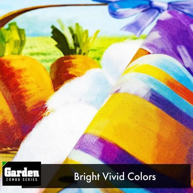 G128 Combo Pack: Garden Flag Stand Black 36x16 Inch & Garden Flag Happy Easter Carrots Colorful Eggs with Bunny in Basket 12x18 Inch G128