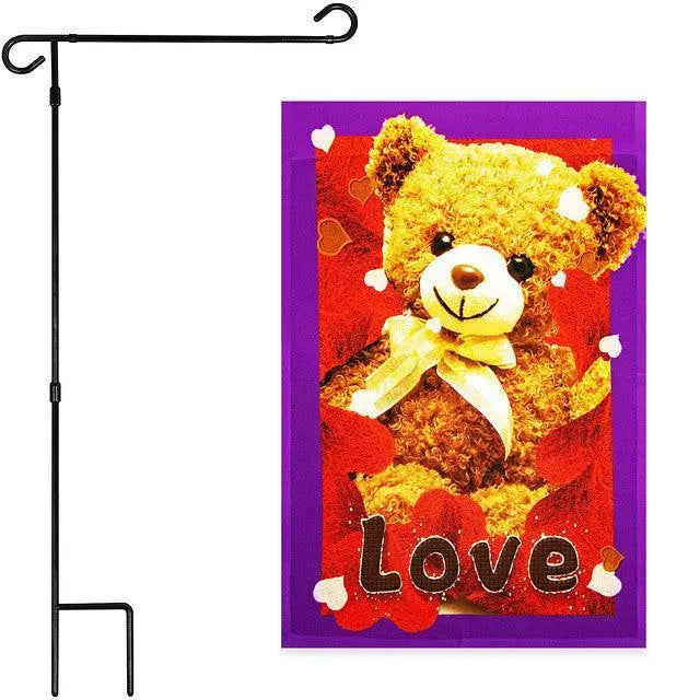 G128 Combo Pack: Garden Flag Stand Black 36x16 Inch & Garden Flag Love Toy Bear 12x18 Inch G128