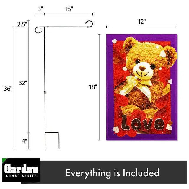 G128 Combo Pack: Garden Flag Stand Black 36x16 Inch & Garden Flag Love Toy Bear 12x18 Inch G128