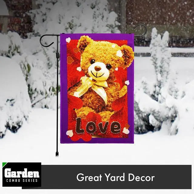 G128 Combo Pack: Garden Flag Stand Black 36x16 Inch & Garden Flag Love Toy Bear 12x18 Inch G128