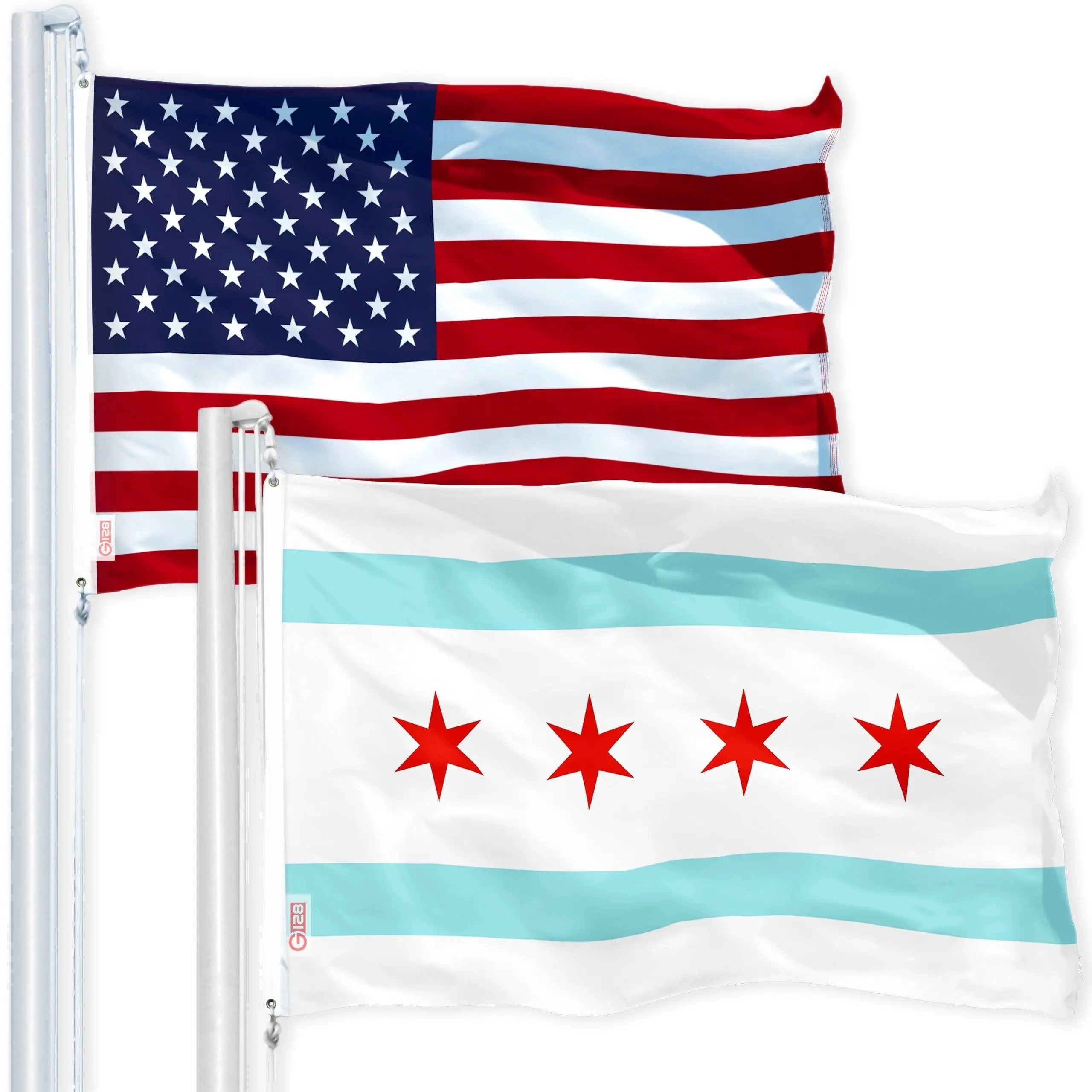 G128 Combo Pack: USA American Flag 3x5 Ft 150D Printed Stars & Chicago 3x5 Ft 150D Printed G128