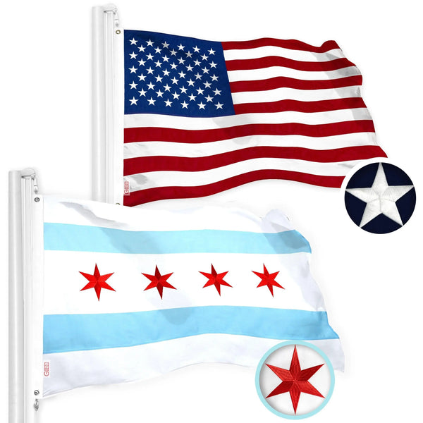 G128 Combo Pack: USA American Flag & Chicago Flag 3x5 Ft Embroidered Spun Polyester, Indoor/Outdoor, Brass Grommets G128
