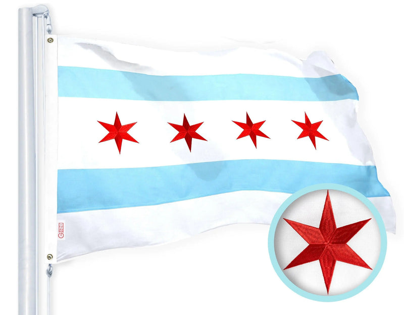 G128 Combo Pack: USA American Flag & Chicago Flag 3x5 Ft Embroidered Spun Polyester, Indoor/Outdoor, Brass Grommets G128