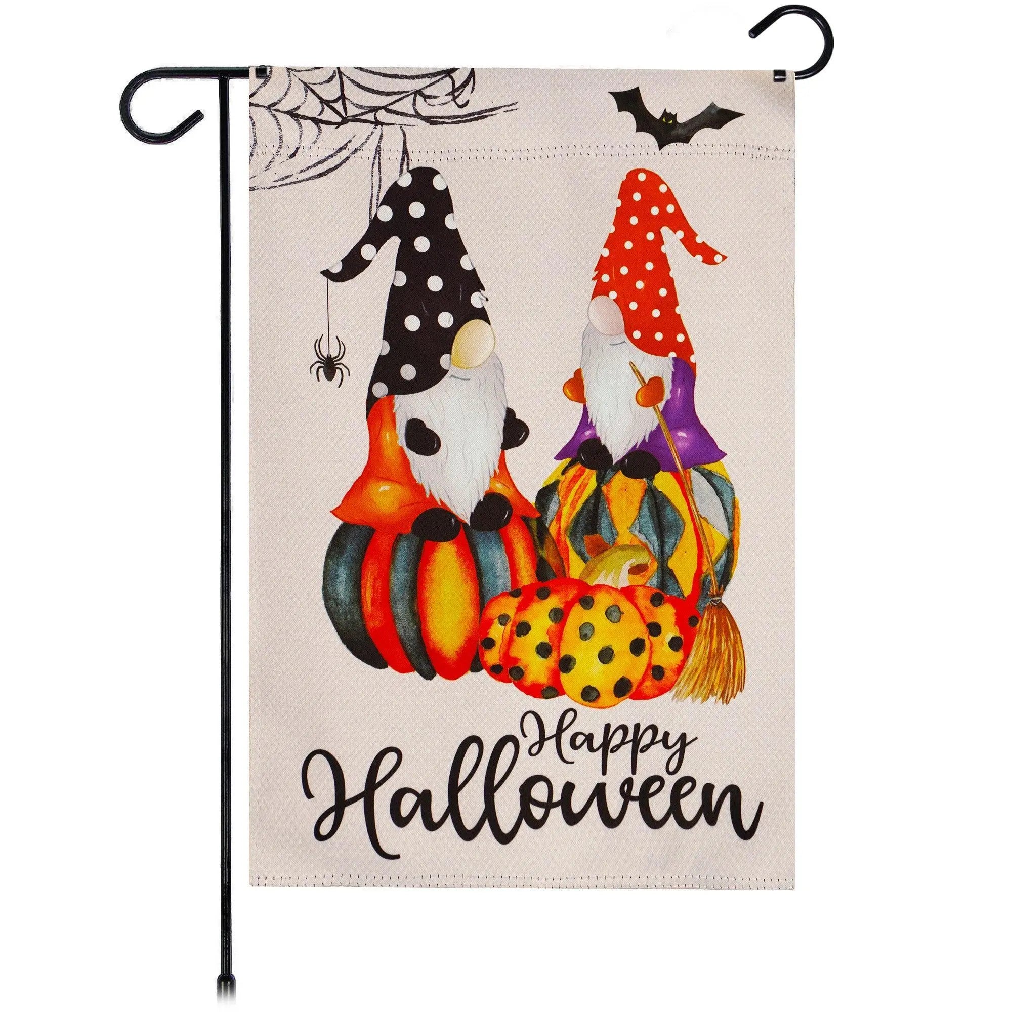 G128 Garden Flag Happy Halloween Two Witchy Gnomes 12"x18" Blockout Fabric G128