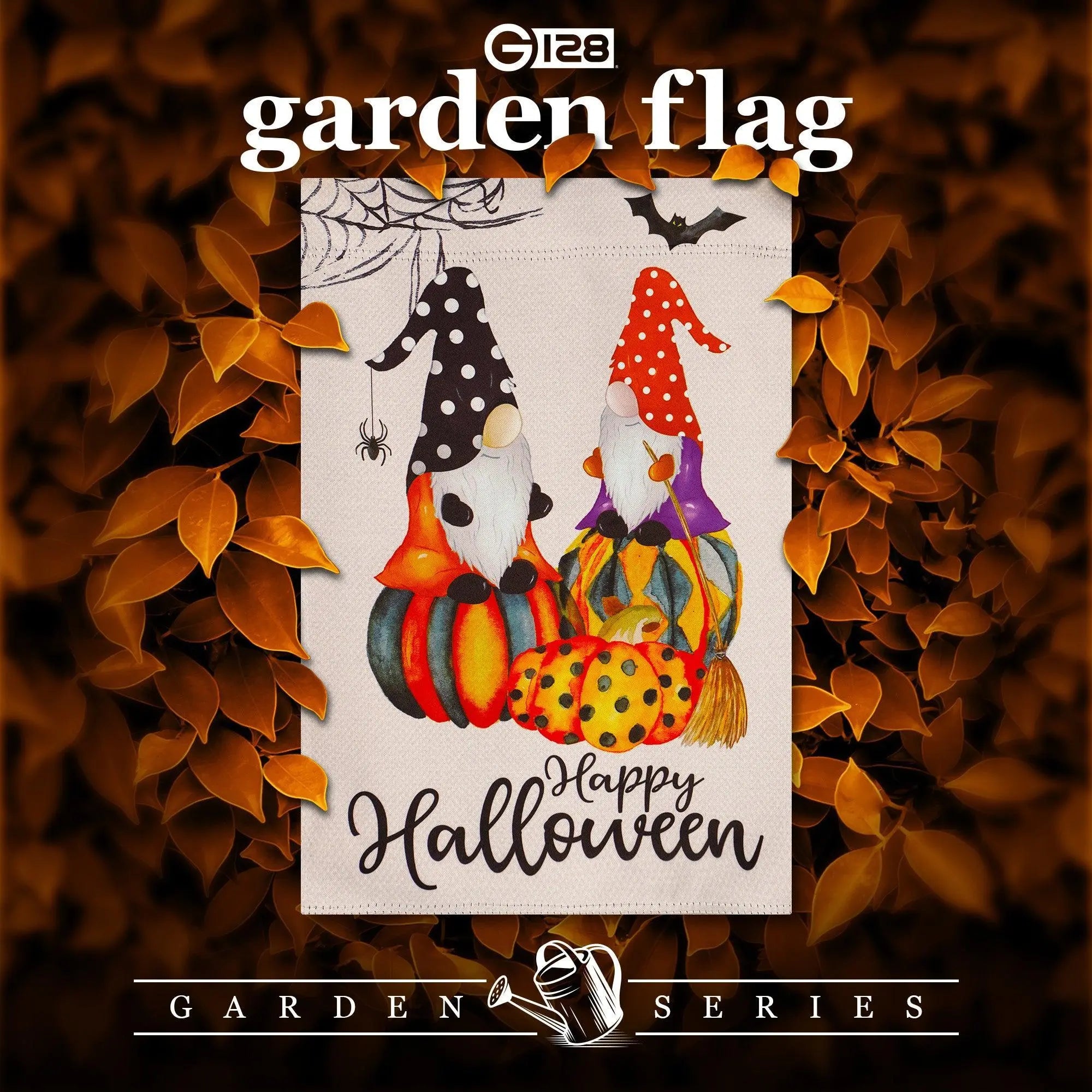G128 Garden Flag Happy Halloween Two Witchy Gnomes 12"x18" Blockout Fabric G128
