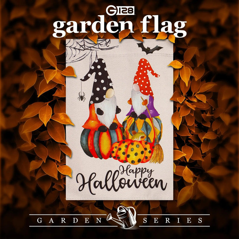 G128 Garden Flag Happy Halloween Two Witchy Gnomes 12"x18" Blockout Fabric G128