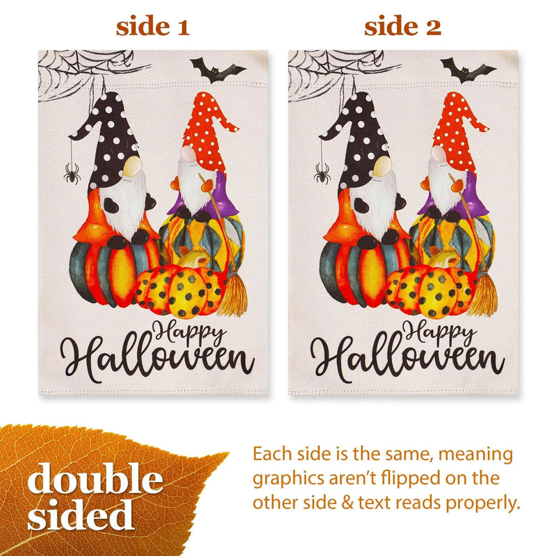 G128 Garden Flag Happy Halloween Two Witchy Gnomes 12"x18" Blockout Fabric G128