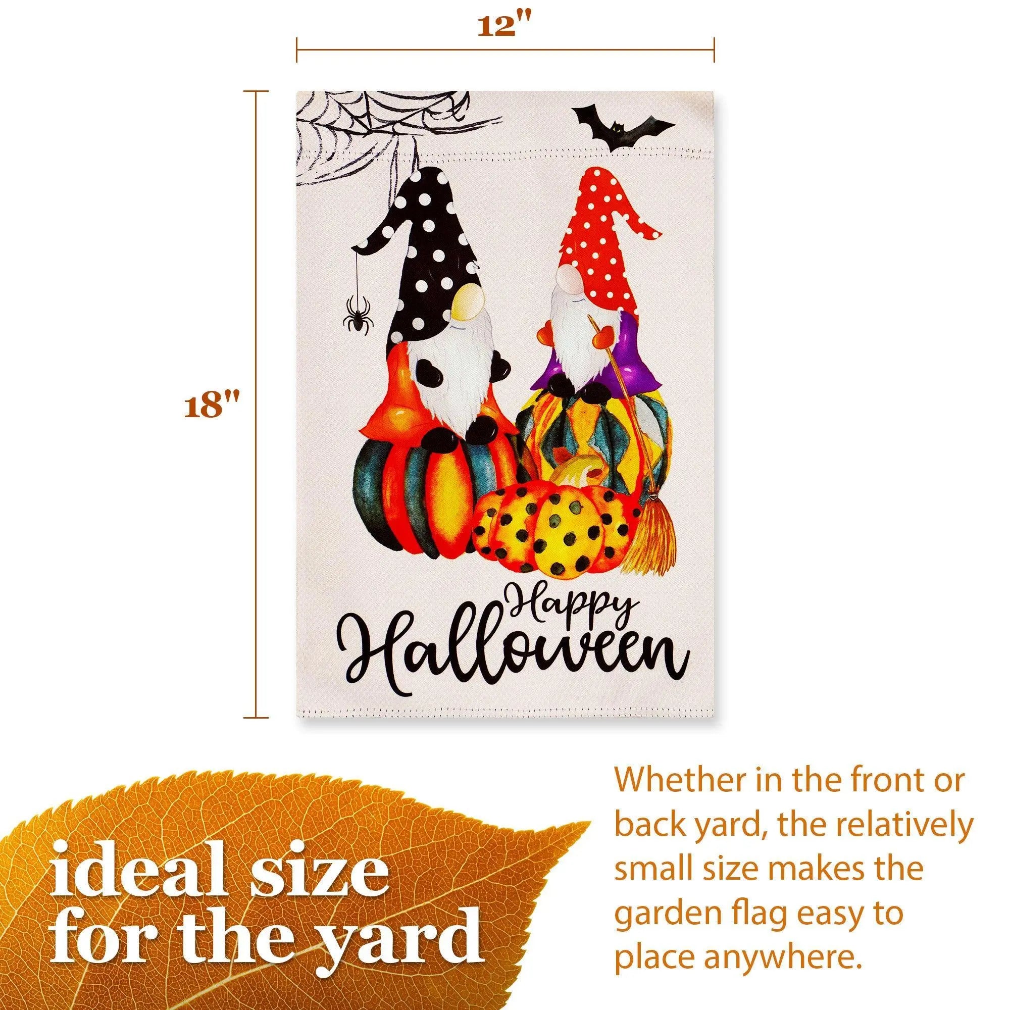 G128 Garden Flag Happy Halloween Two Witchy Gnomes 12"x18" Blockout Fabric G128