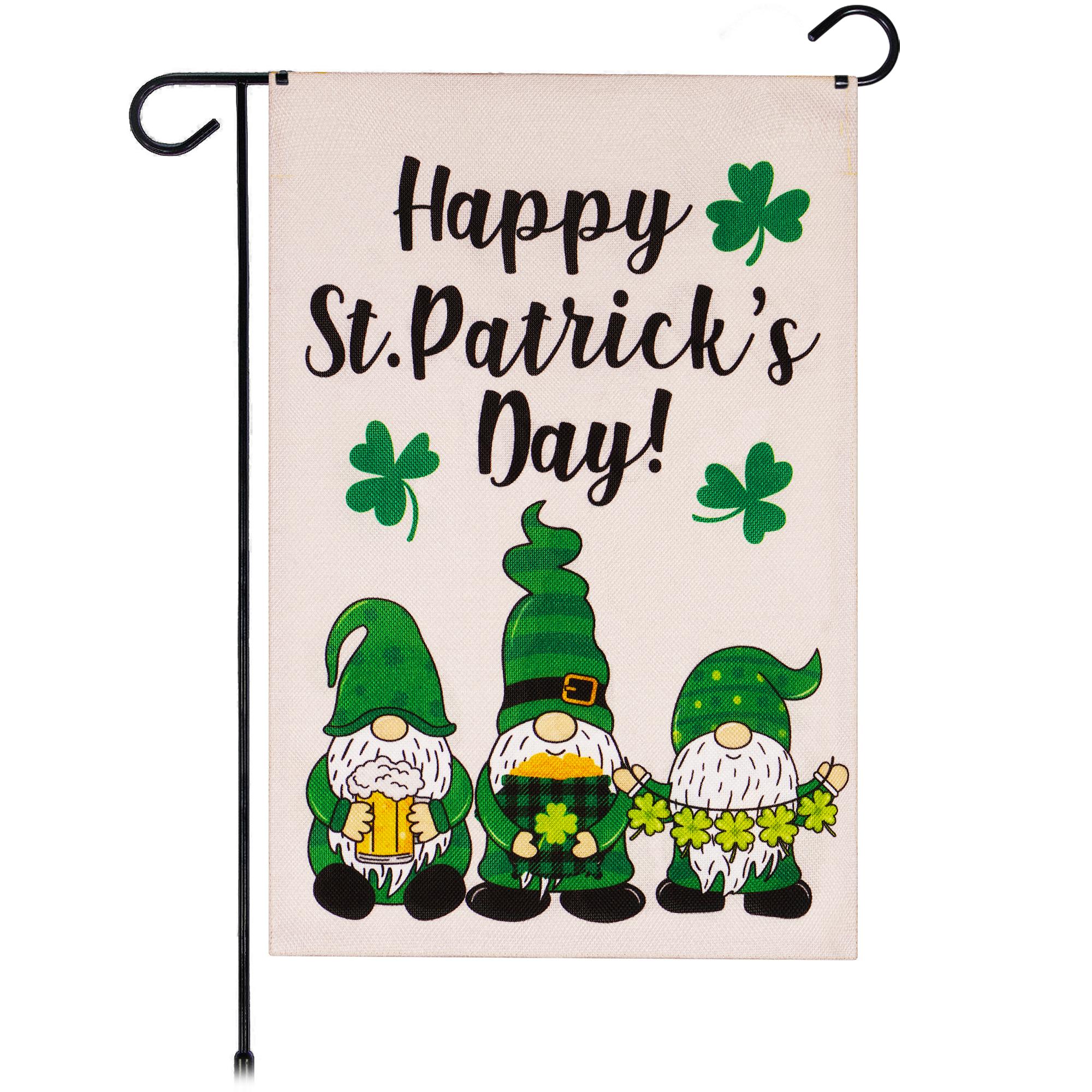 G128 Garden Flag Happy St. Patrick's Day Three Leprechaun Gnomes 12"x18" Burlap Fabric G128