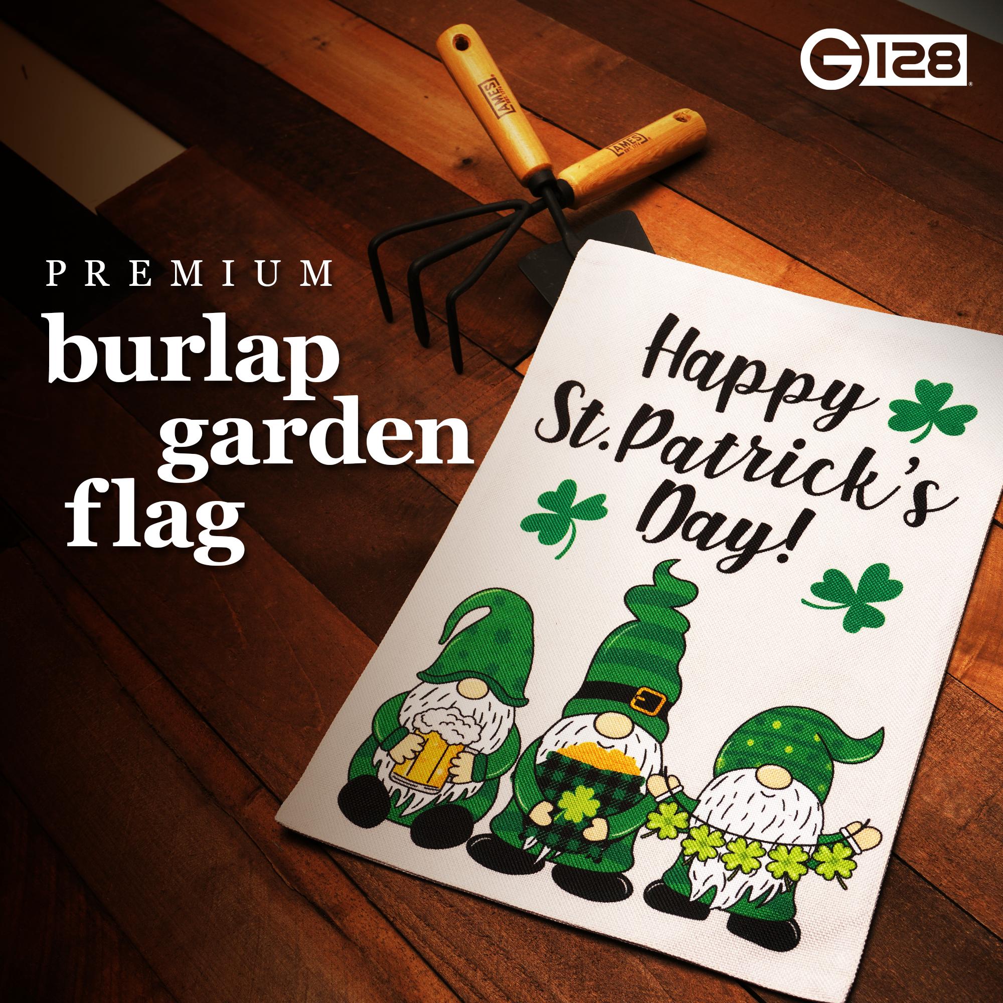 G128 Garden Flag Happy St. Patrick's Day Three Leprechaun Gnomes 12"x18" Burlap Fabric G128