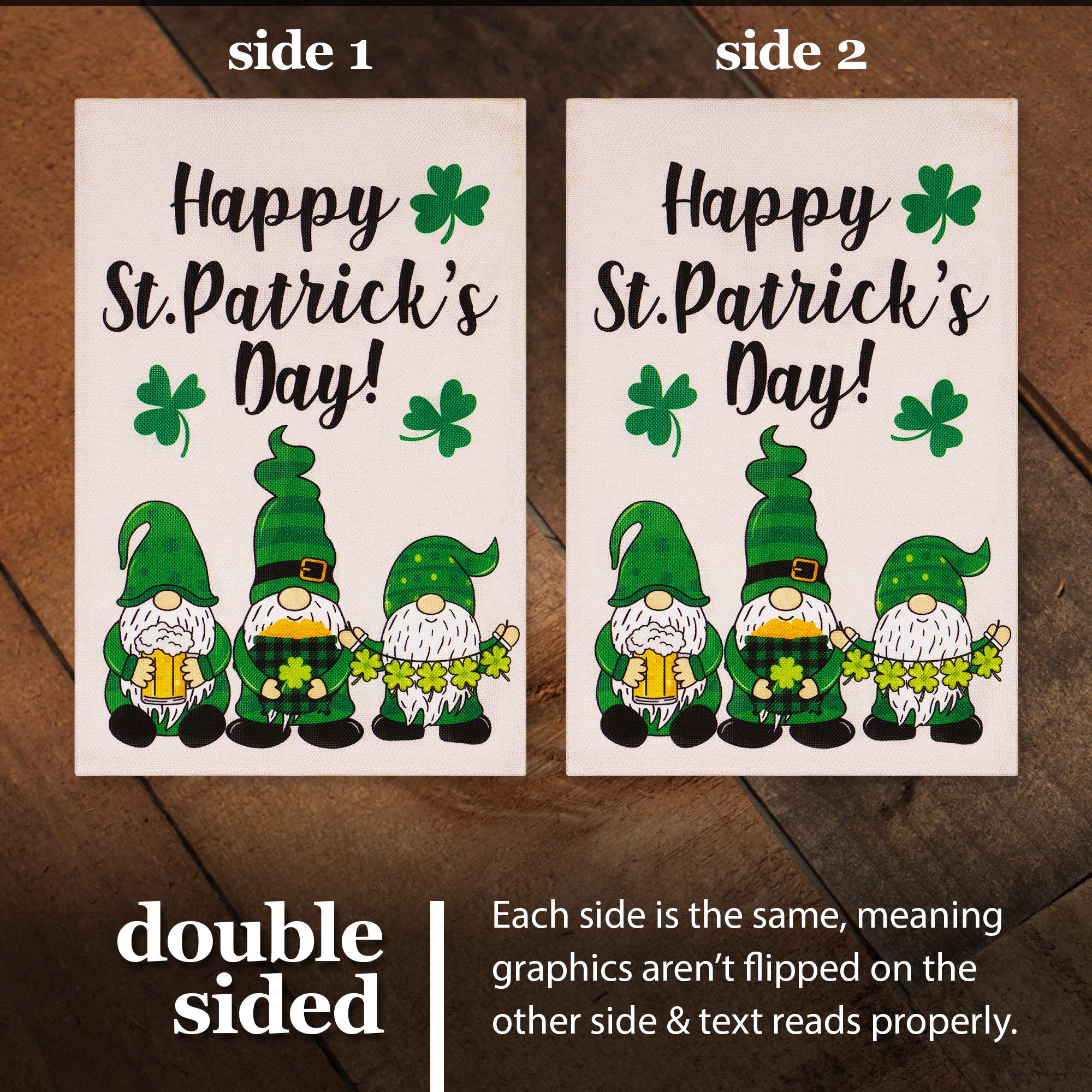 G128 Garden Flag Happy St. Patrick's Day Three Leprechaun Gnomes 12"x18" Burlap Fabric G128