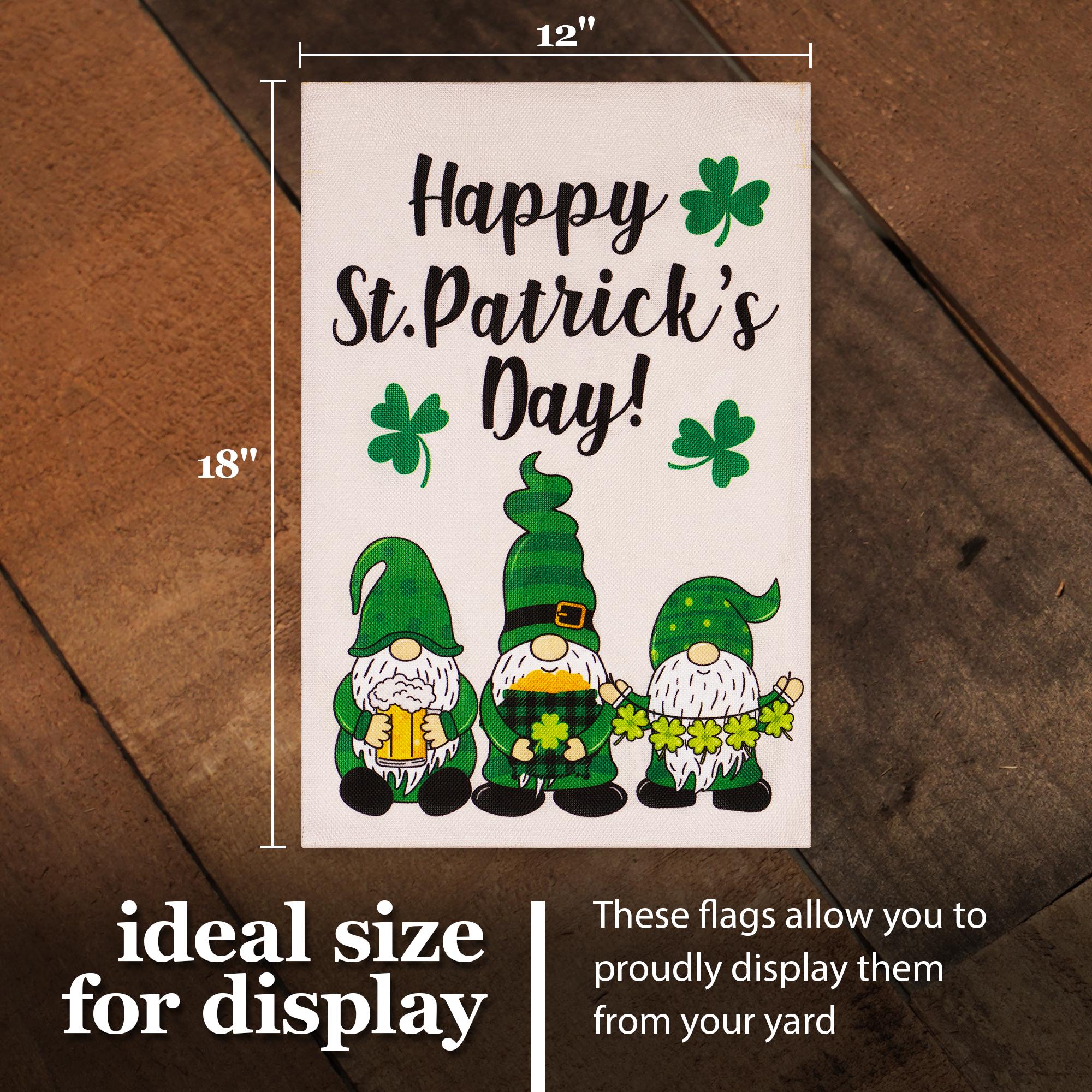 G128 Garden Flag Happy St. Patrick's Day Three Leprechaun Gnomes 12"x18" Burlap Fabric G128