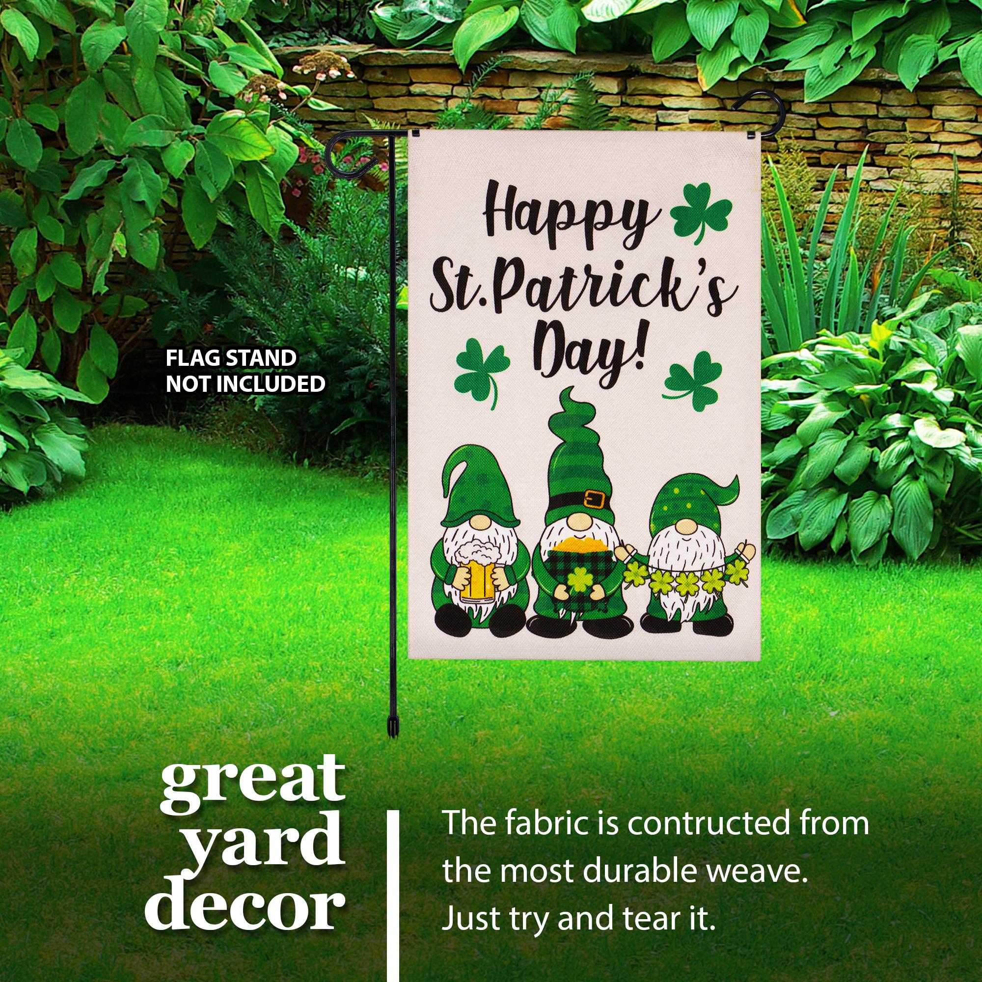 G128 Garden Flag Happy St. Patrick's Day Three Leprechaun Gnomes 12"x18" Burlap Fabric G128