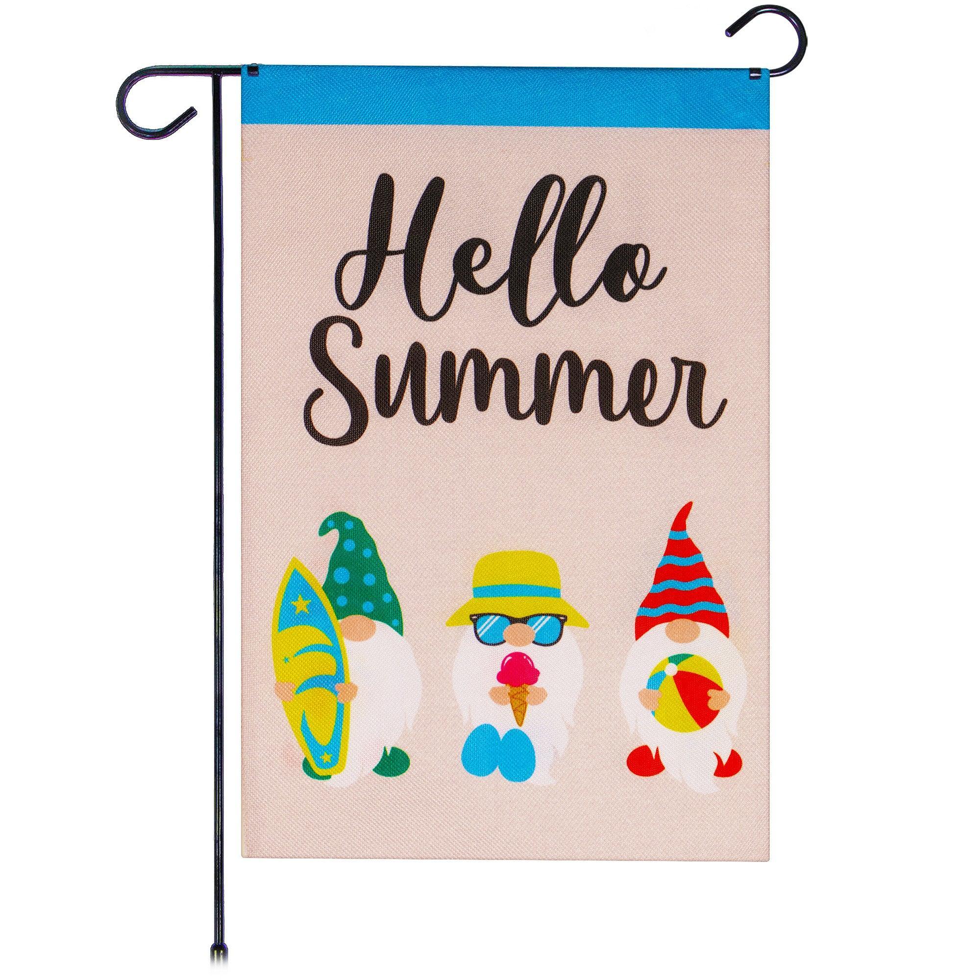 G128 Garden Flag Hello Summer Three Beach-Ready Gnomes 12"x18" Burlap Fabric - GreatEagleInc