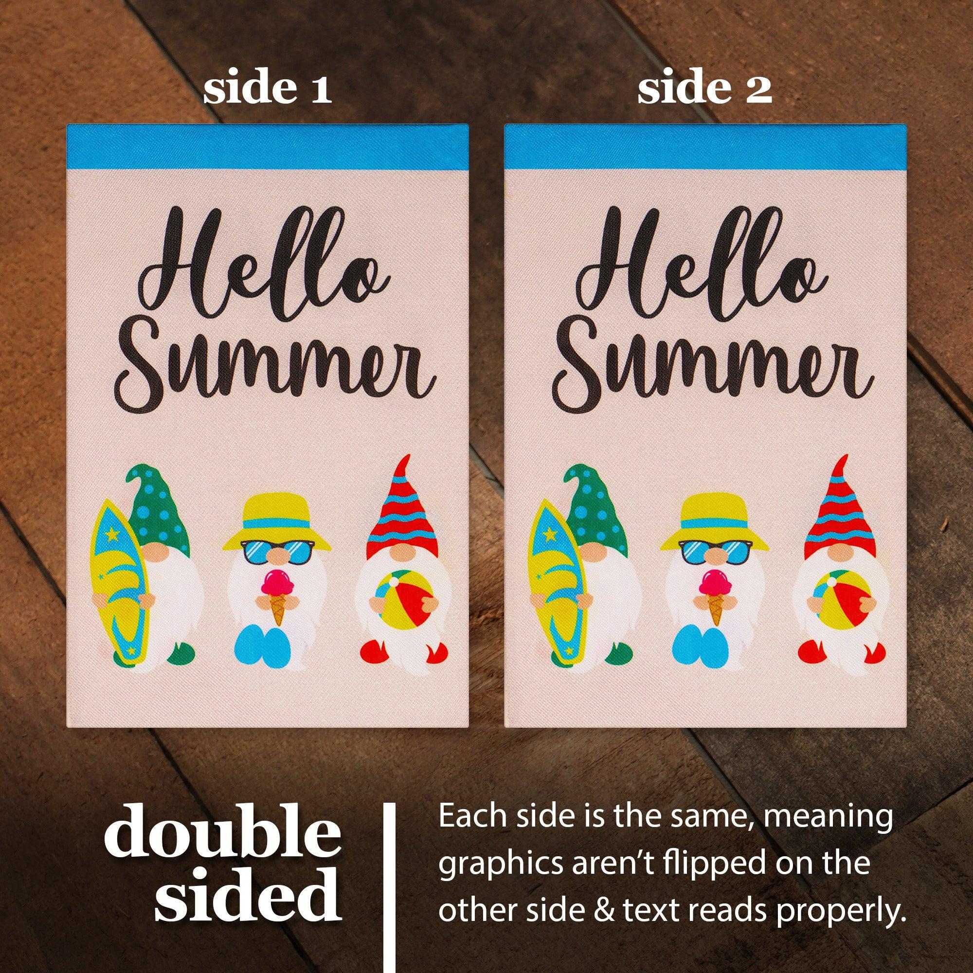 G128 Garden Flag Hello Summer Three Beach-Ready Gnomes 12"x18" Burlap Fabric - GreatEagleInc