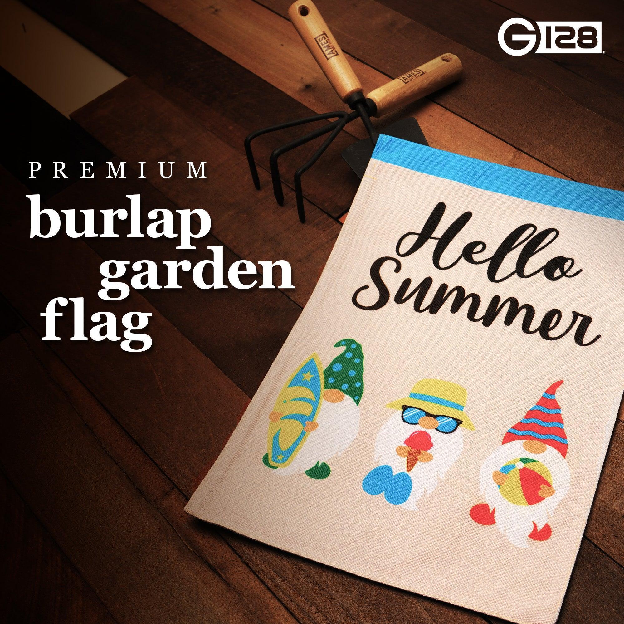 G128 Garden Flag Hello Summer Three Beach-Ready Gnomes 12"x18" Burlap Fabric - GreatEagleInc