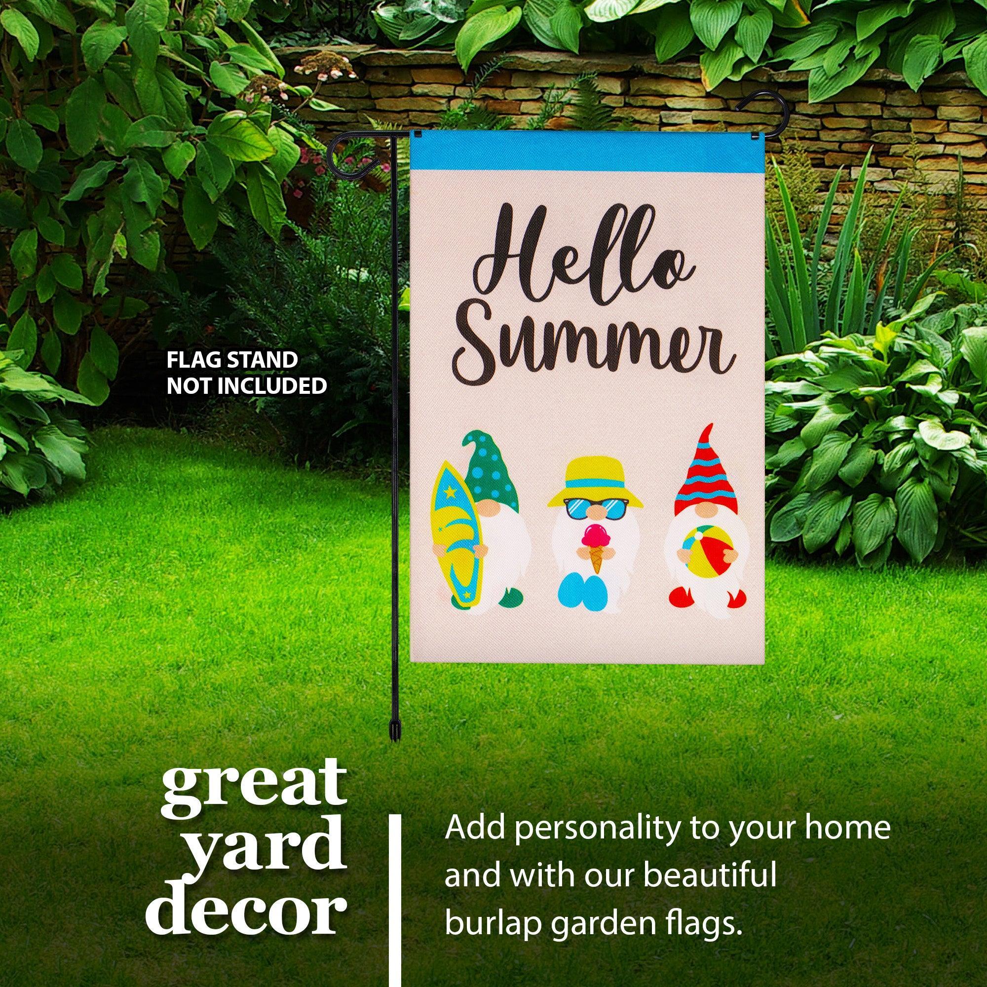 G128 Garden Flag Hello Summer Three Beach-Ready Gnomes 12"x18" Burlap Fabric - GreatEagleInc