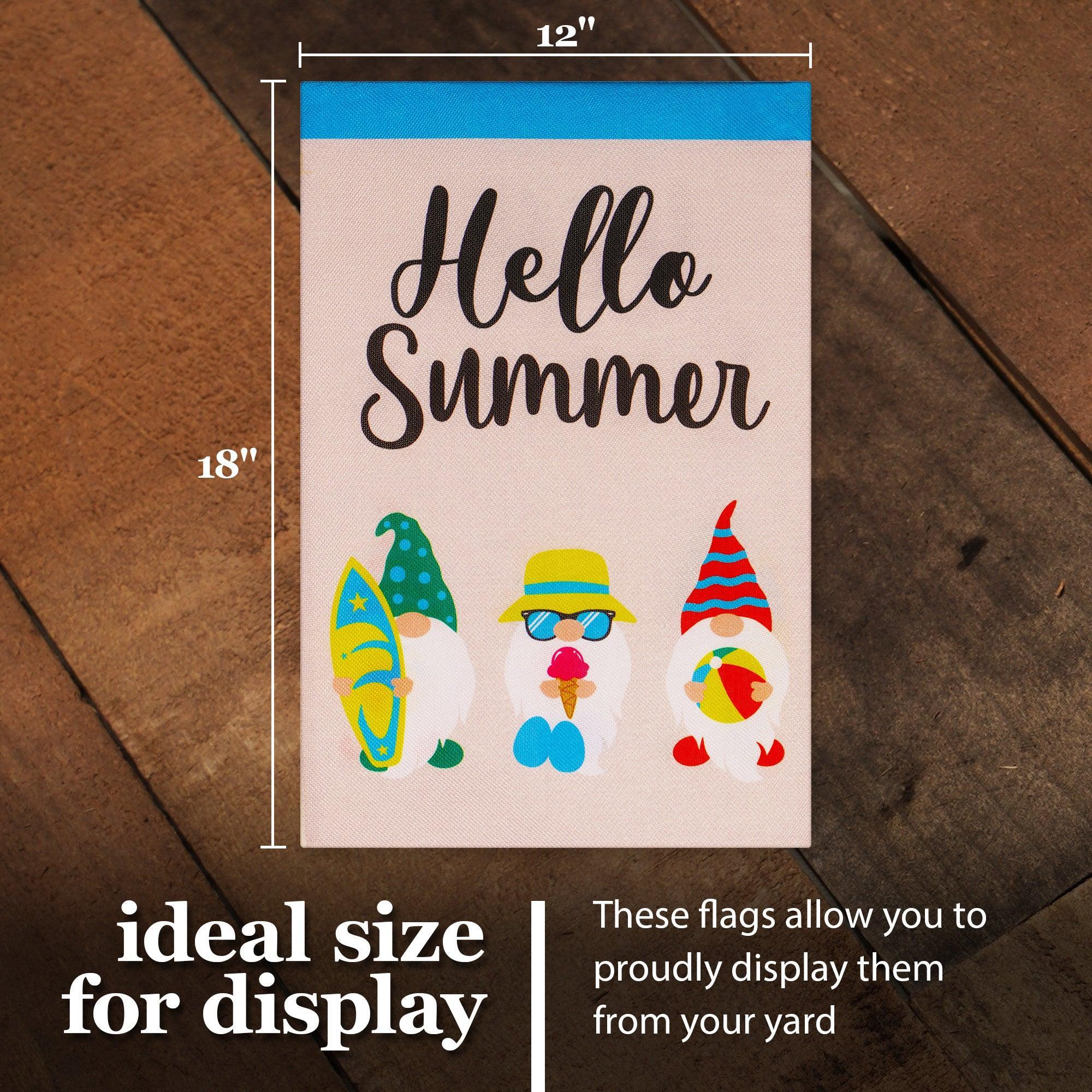 G128 Garden Flag Hello Summer Three Beach-Ready Gnomes 12"x18" Burlap Fabric - GreatEagleInc
