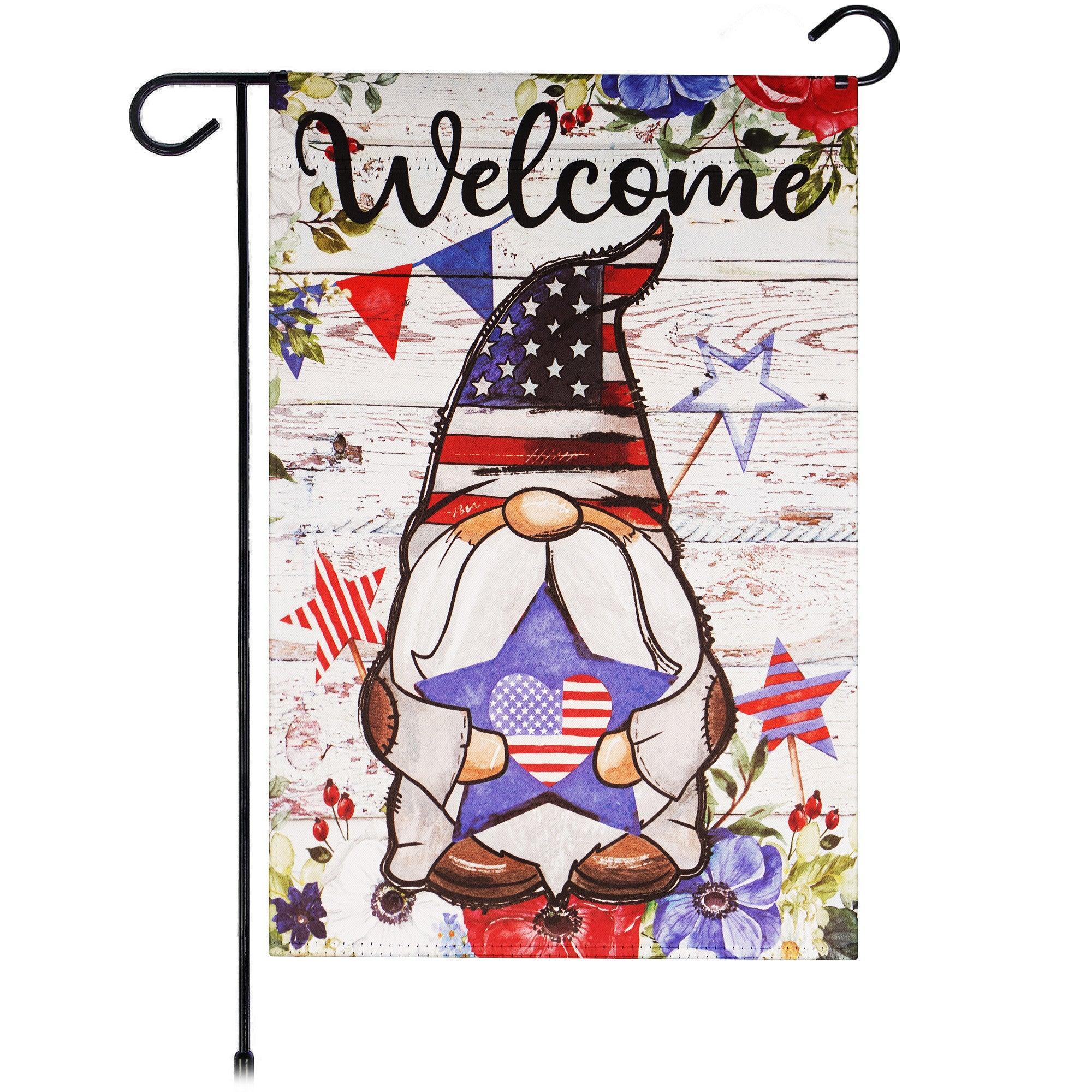 G128 Garden Flag Welcome Patriotic Gnome with Star | 12x18 Inch | Printed Blockout Polyester - Patriotic Decoration G128