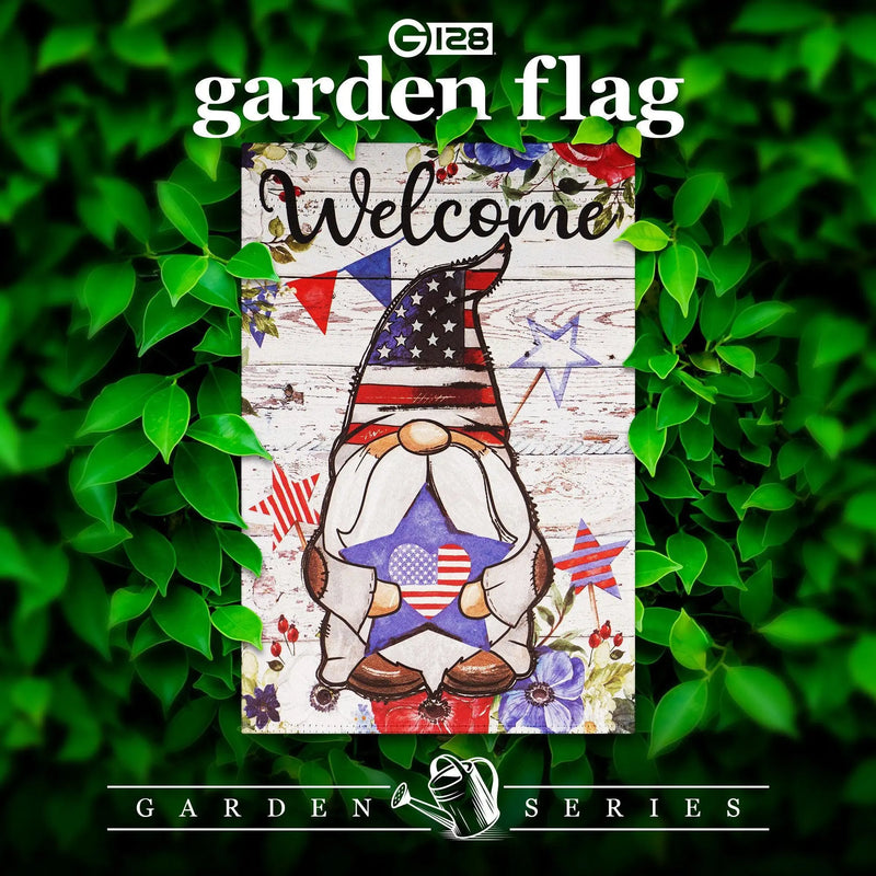 G128 Garden Flag Welcome Patriotic Gnome with Star | 12x18 Inch | Printed Blockout Polyester - Patriotic Decoration G128