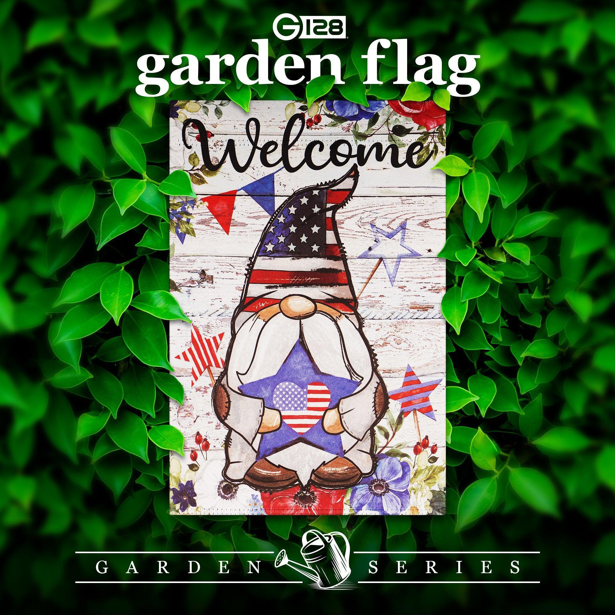 G128 Garden Flag Welcome Patriotic Gnome with Star | 12x18 Inch | Printed Blockout Polyester - Patriotic Decoration G128
