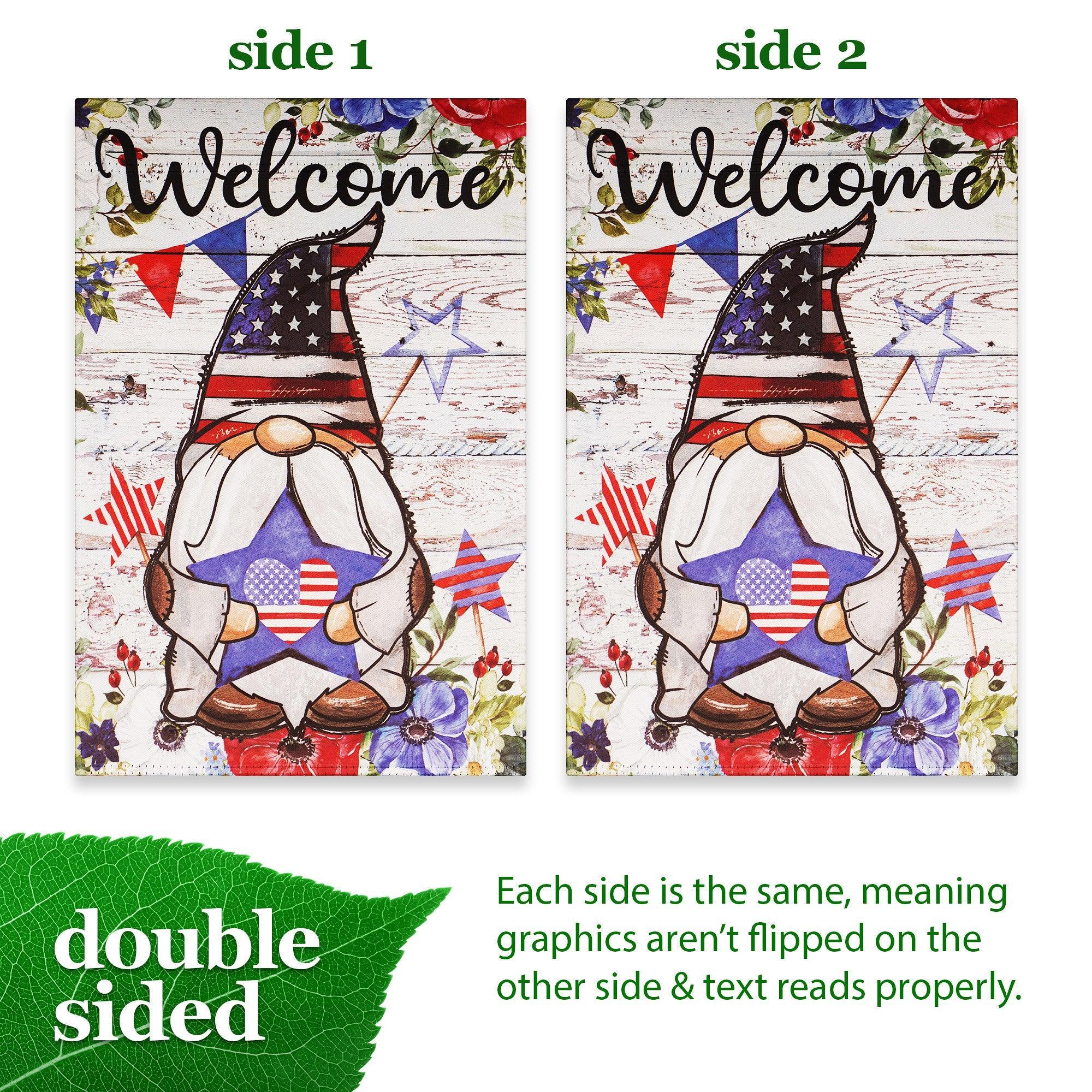 G128 Garden Flag Welcome Patriotic Gnome with Star | 12x18 Inch | Printed Blockout Polyester - Patriotic Decoration G128